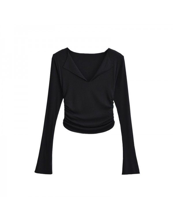 Pure desire V-neck flanging flared sleeve T-shirt for female minority Spicy girls pleated slim high waist short solid color bottom top 