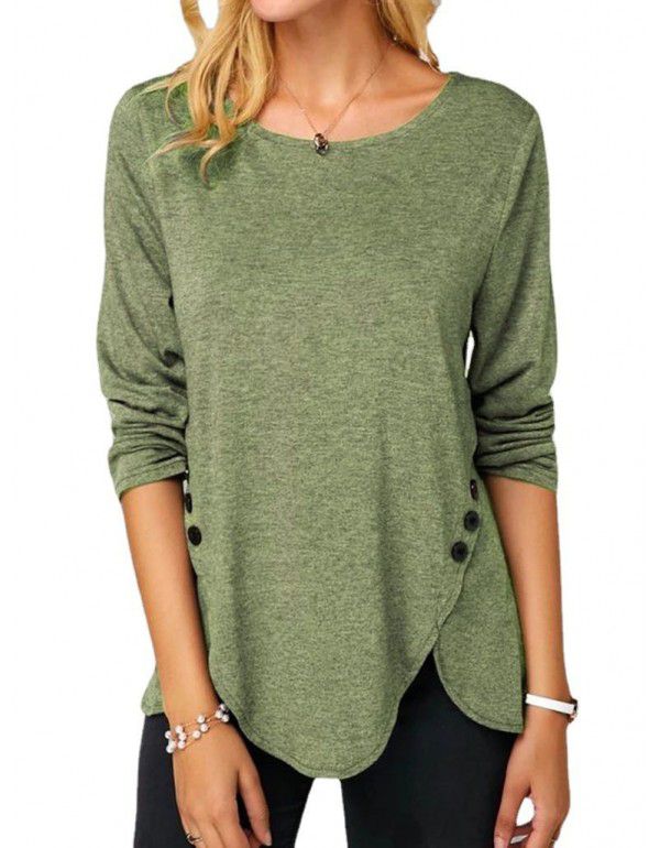 Spring/Summer Hot Style Irregular Button Hem Long Sleeve Crew Neck T-shirt