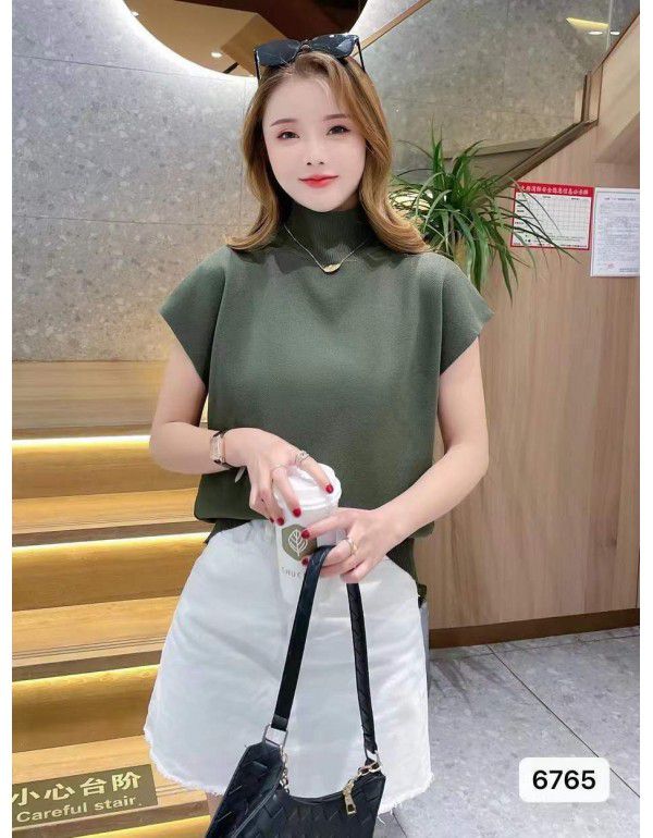 Korean version of the new half high neck camisole knitted vest T-shirt for women's simple loose short sleeve top summer
