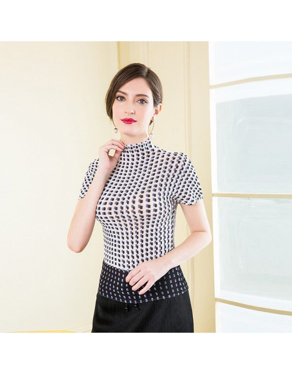 Three curtilage pleated top high neck T-shirt women's short sleeve summer new slimming and versatile bottom shirt for women's wear 