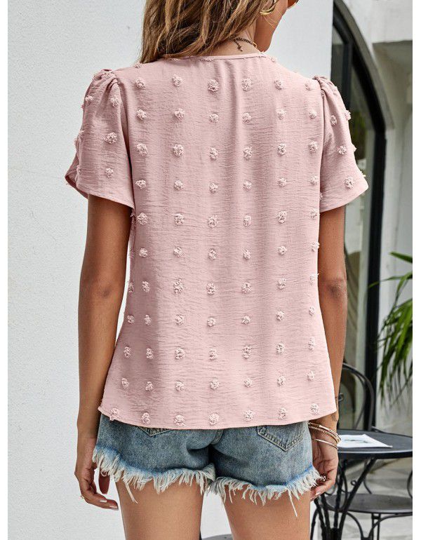 Summer New Round Neck Casual Tulip Sleeve T-shirt Jacquard Top Women