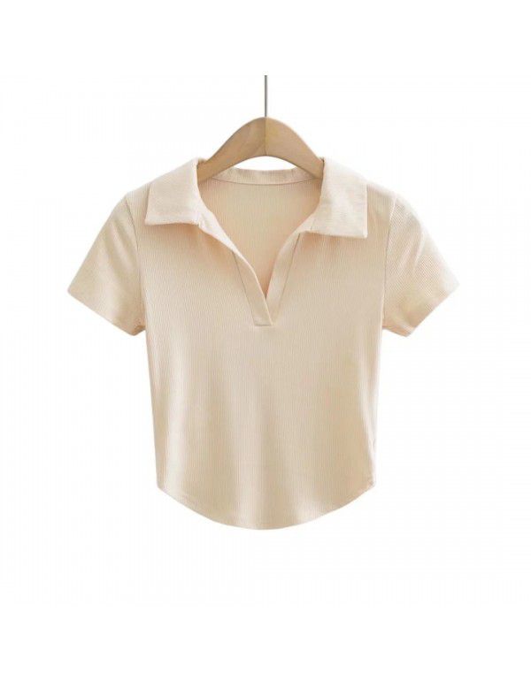 Summer new style pure sexy slim short polo lapel solid color short sleeve T-shirt female 