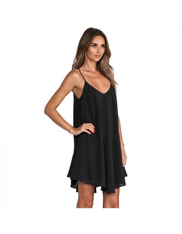 Women's New Loose Large Women's Solid Chiffon Dress Occidental Sexy Strap Dress