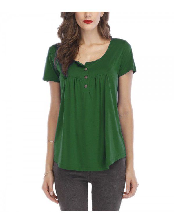 Hot summer sale pleated button loose fitting short sleeve T-shirt