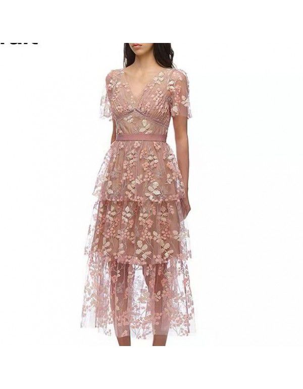 SP new pink flower sequin beaded high waist V-neck temperament long dress holiday party heavy embroidery dress 