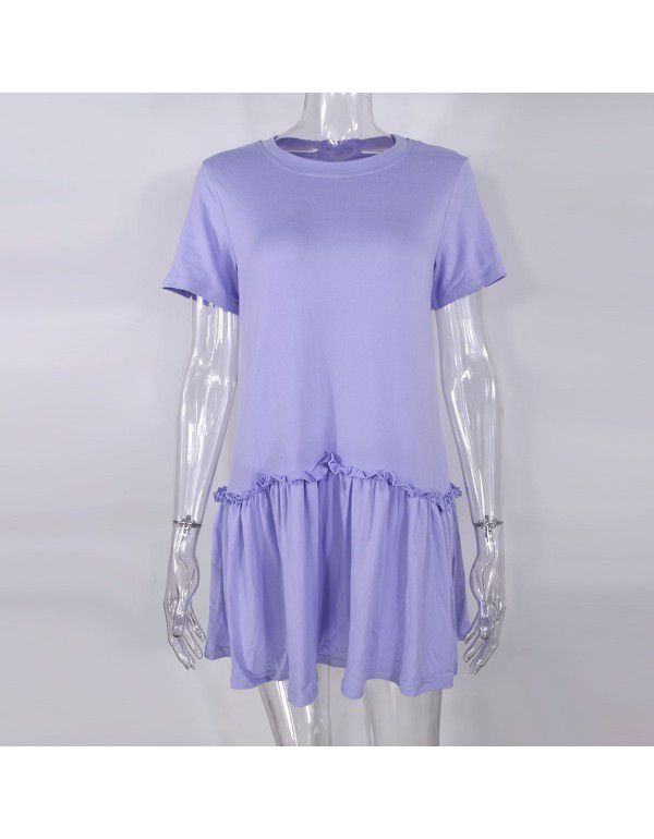 Spring New Temperament Commuter Mid-waist Solid Color Pullover Loose Round Neck Ruffle Flap Dress Women's Dress 