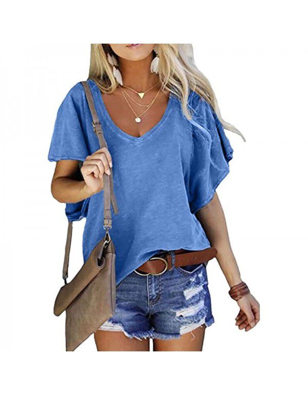 New Solid Ruffle Sleeve Loose V-neck Short Sleeve Top T-shirt Women