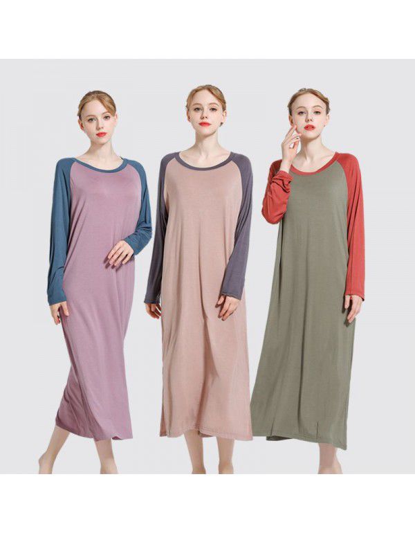Spring and summer new Modal patchwork dress with long sleeves, loose and thin, large size sleepwear, home dress, long skirt 