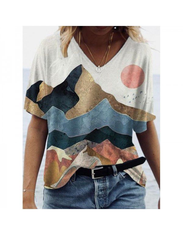 Summer New Landscape Painting Print V-Neck Short Sleeve T-shirt Women