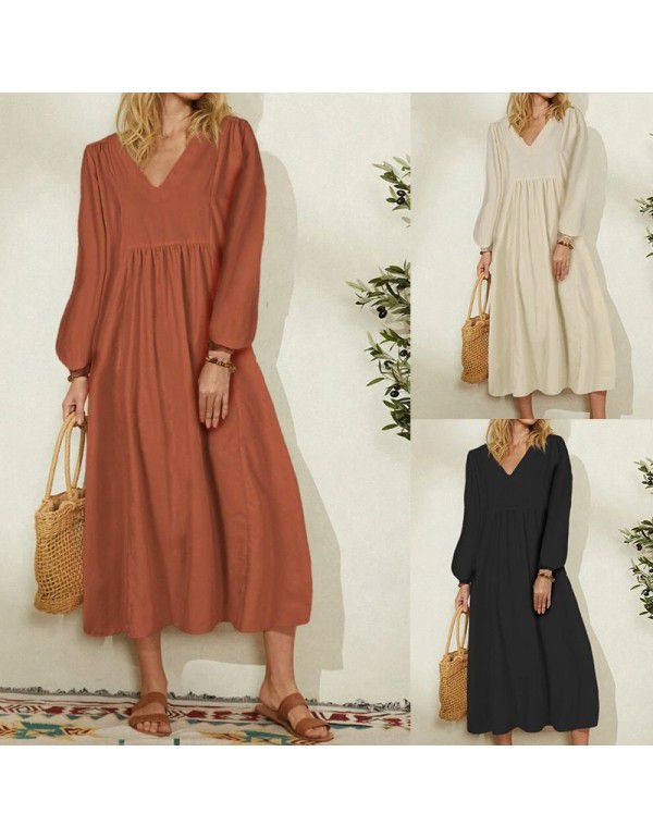 Summer New Fashion Women's Cotton Linen Loose Lantern Sleeves Occidental Dress