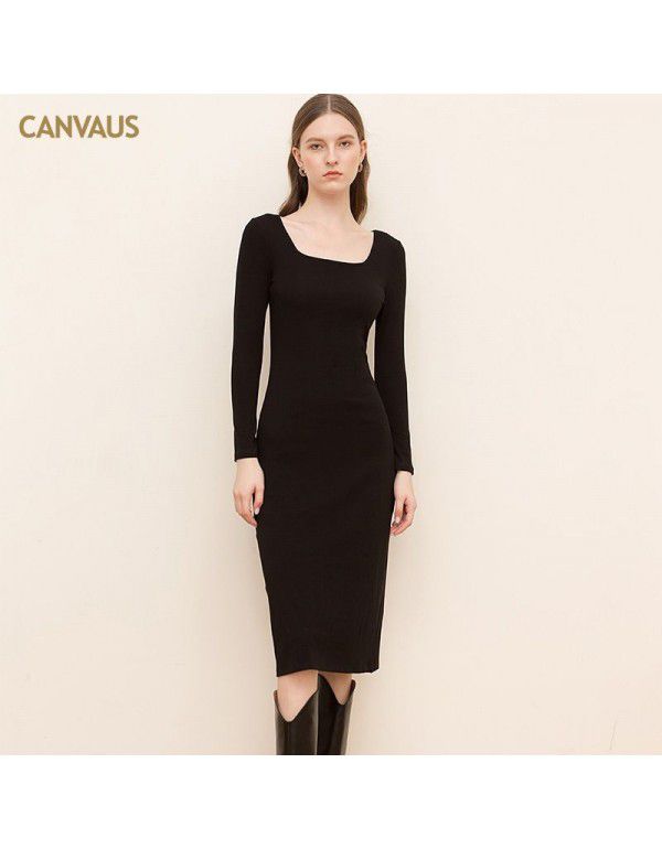 New Square Neck Cotton Medium Length Dress Women Solid Long Sleeve Slim Fit Split Mid Waist Pencil Dress Women