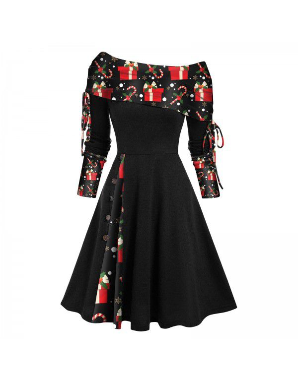 Women's autumn and winter new long-sleeved one-shoulder solid color printed patchwork button dress 