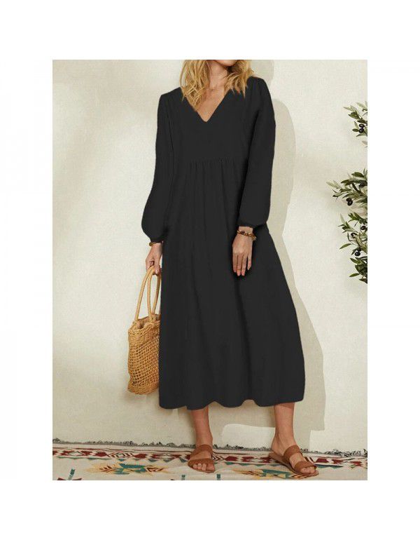 Summer New Fashion Women's Cotton Linen Loose Lantern Sleeves Occidental Dress