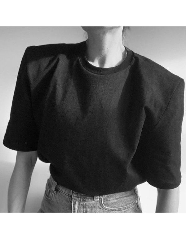 Round neck medium length short sleeve shoulder pad T-shirt Women's loose casual street photo 