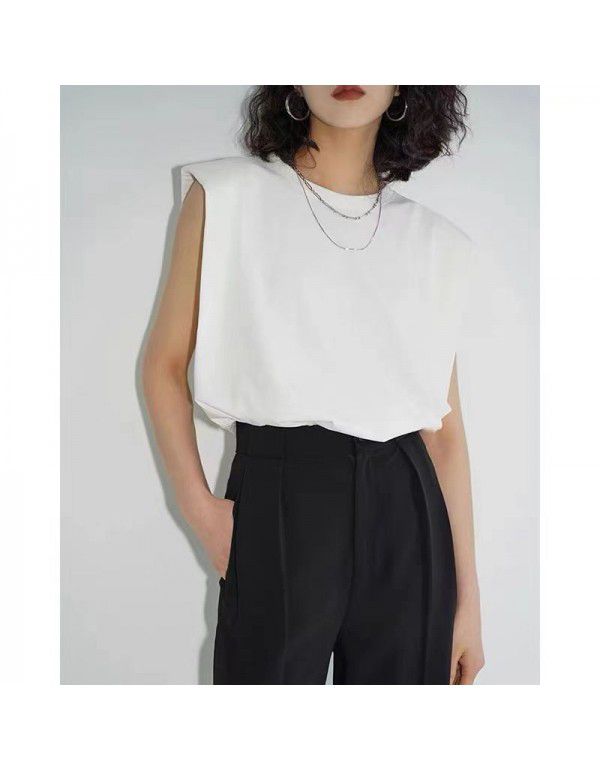 Summer French white right-angled shoulder vest, camisole, female minority design, thin shoulder pad, sleeveless T-shirt, loose top 