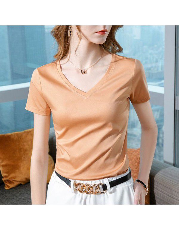 Ice feeling mercerized cotton short-sleeved t-shirt women's new style women's temperament v-neck pure cotton t-shirt pure color high-grade top 