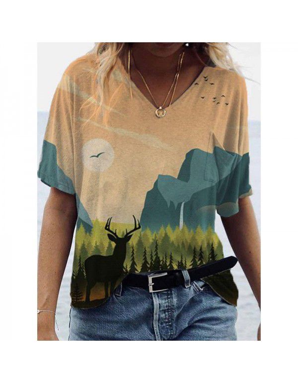 Summer New Landscape Painting Print V-Neck Short Sleeve T-shirt Women