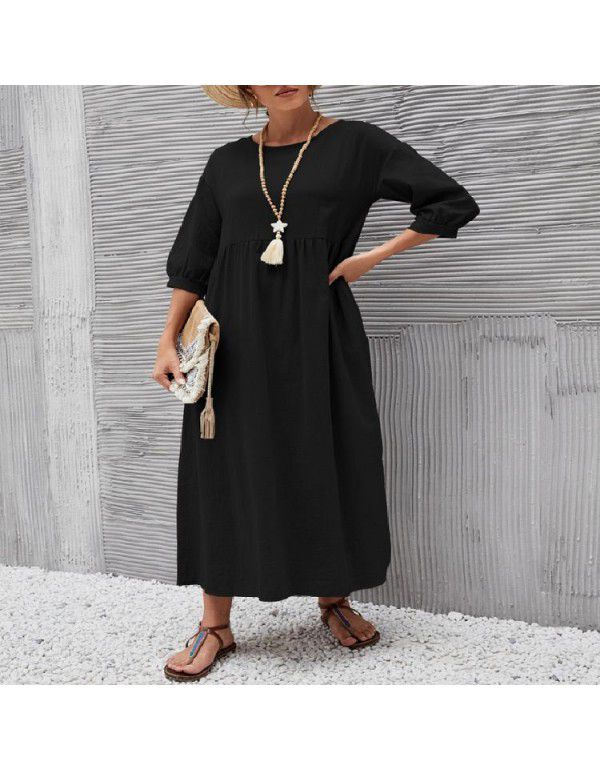 Solid Fashion Lantern Sleeves Loose Cotton Linen Pocket Dress In Stock