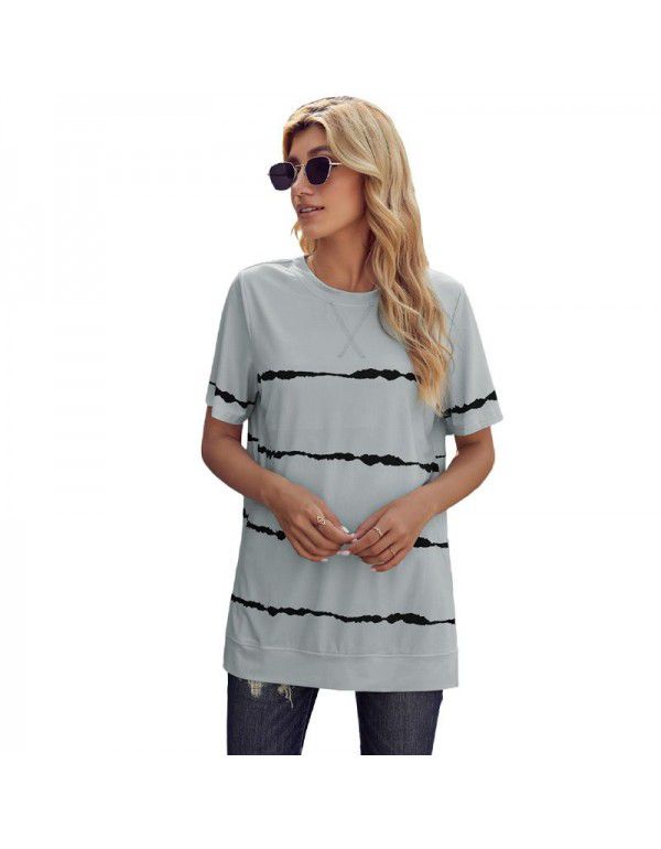 Shiying Short Sleeve T-shirt Women's European Summer New Stripe Pattern Women's Loose Round Neck Top Women