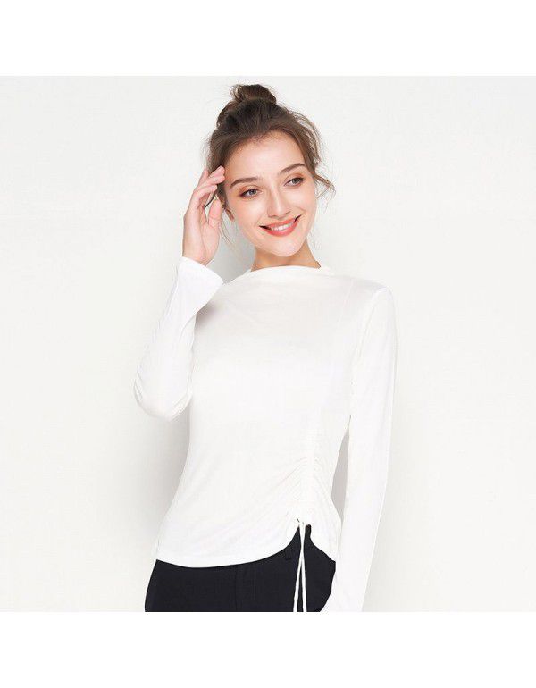 Spring New Silk Underlay Women's Long Sleeve T-shirt Silk Drawstring Slim Fit Medium High Neck Top 