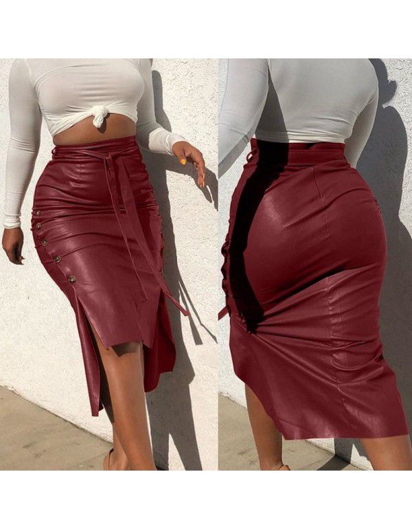 Women's Hot Sale Split Slim Fit Mid Length Wrapped Hip Skirt PU Skirt