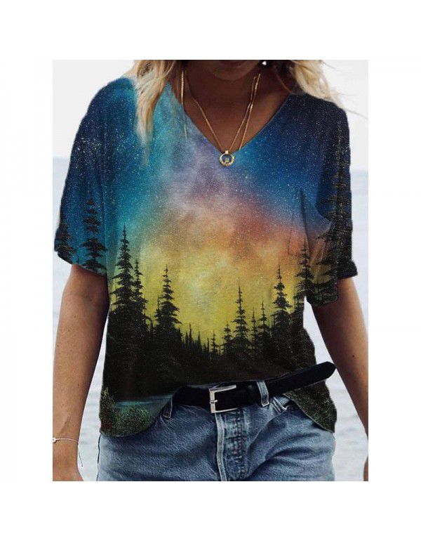 Summer New Landscape Painting Print V-Neck Short Sleeve T-shirt Women