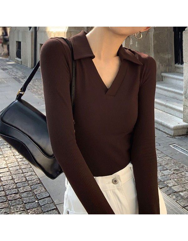 Casual black v-neck polo knitted t-shirt women's new Korean long-sleeved slim bottom shirt top women 