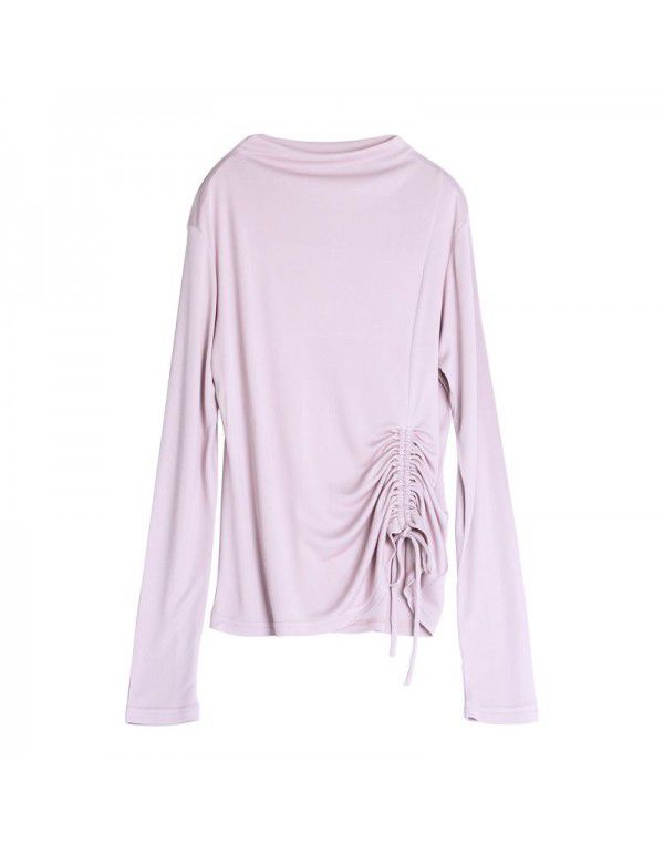 Spring New Silk Underlay Women's Long Sleeve T-shirt Silk Drawstring Slim Fit Medium High Neck Top 