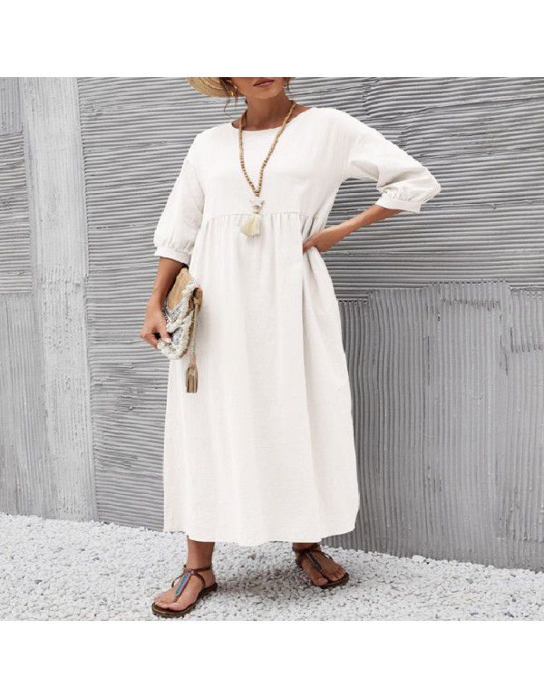 Solid Fashion Lantern Sleeves Loose Cotton Linen Pocket Dress In Stock