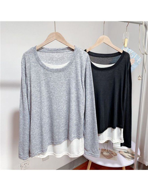 Fake two thin Tencel facial mask long sleeve round neck T-shirt women's spring loose medium length bottoming shirt top 