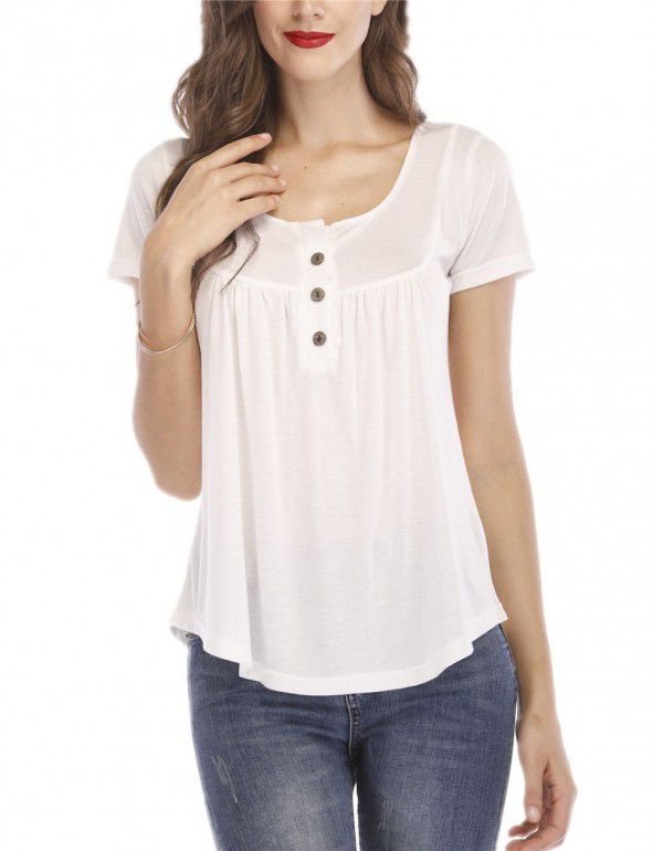 Hot summer sale pleated button loose fitting short sleeve T-shirt