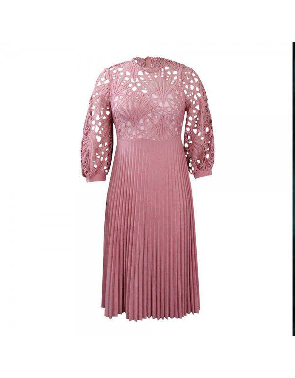 Summer Oversized Lace Hooked Flower Sexy Hollow Out Pleated European and American Dress Dress 