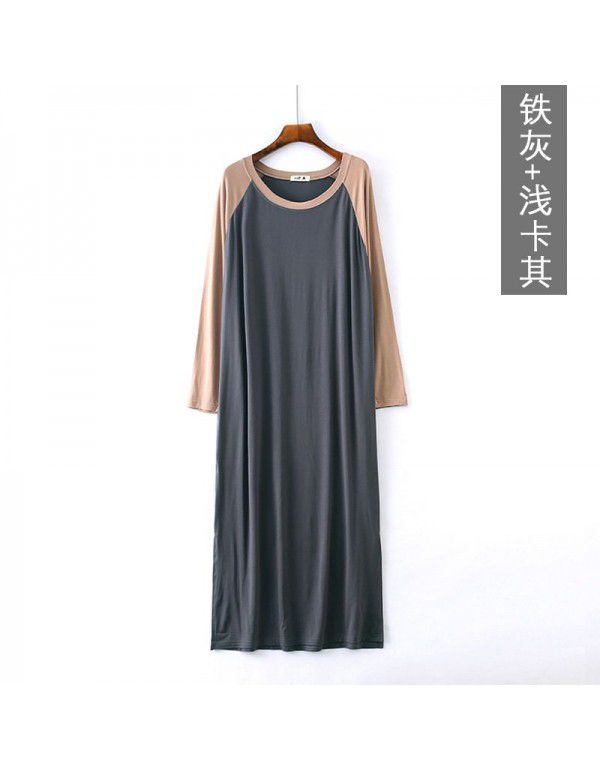 Spring and summer new Modal patchwork dress with long sleeves, loose and thin, large size sleepwear, home dress, long skirt 