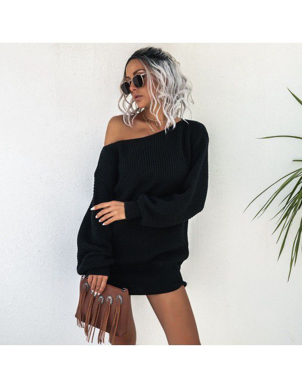 Women's autumn and winter dress European casual off shoulder lantern sleeve knitted woolen dress