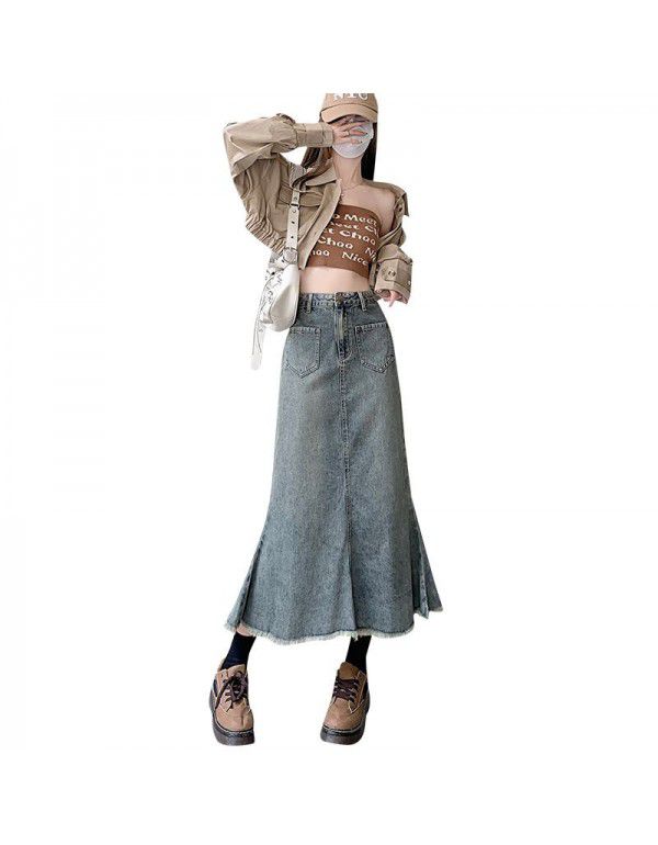 Vintage Denim Skirt Women's Spring and Autumn New Fishtail Skirt High Waist A-line Slim Mid Length Wrapped Hip Skirt 