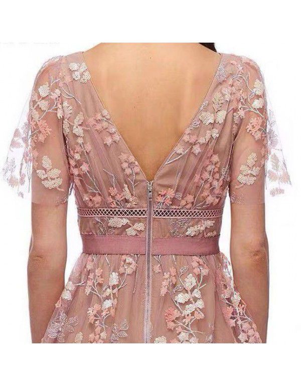 SP new pink flower sequin beaded high waist V-neck temperament long dress holiday party heavy embroidery dress 