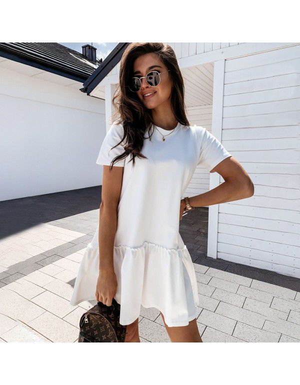 Spring New Temperament Commuter Mid-waist Solid Color Pullover Loose Round Neck Ruffle Flap Dress Women's Dress 