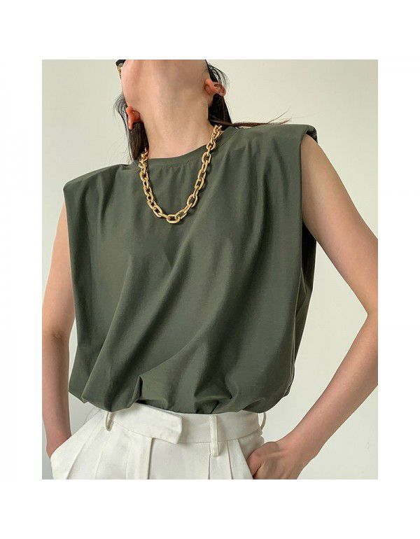 Summer French white right-angled shoulder vest, camisole, female minority design, thin shoulder pad, sleeveless T-shirt, loose top 
