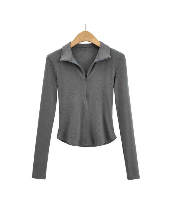 Korean basic slim zipper lapel net long-sleeved T-shirt top for women 