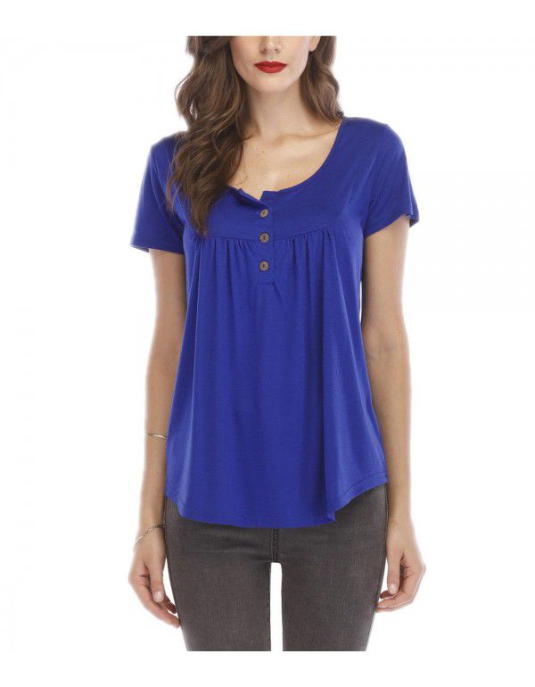 Hot summer sale pleated button loose fitting short sleeve T-shirt