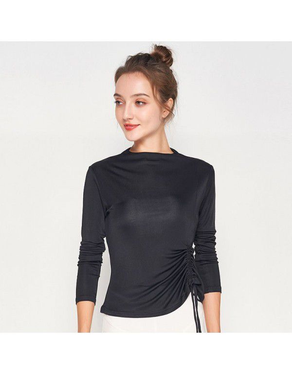Spring New Silk Underlay Women's Long Sleeve T-shirt Silk Drawstring Slim Fit Medium High Neck Top 