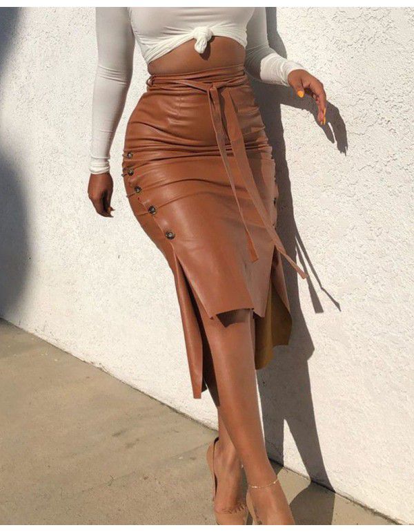 Women's Hot Sale Split Slim Fit Mid Length Wrapped Hip Skirt PU Skirt