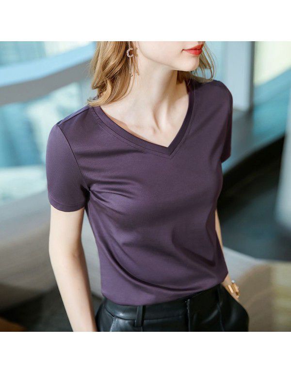 Ice feeling mercerized cotton short-sleeved t-shirt women's new style women's temperament v-neck pure cotton t-shirt pure color high-grade top 