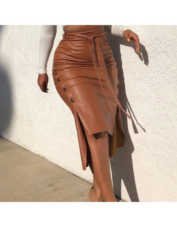 Women's Hot Sale Split Slim Fit Mid Length Wrapped Hip Skirt PU Skirt