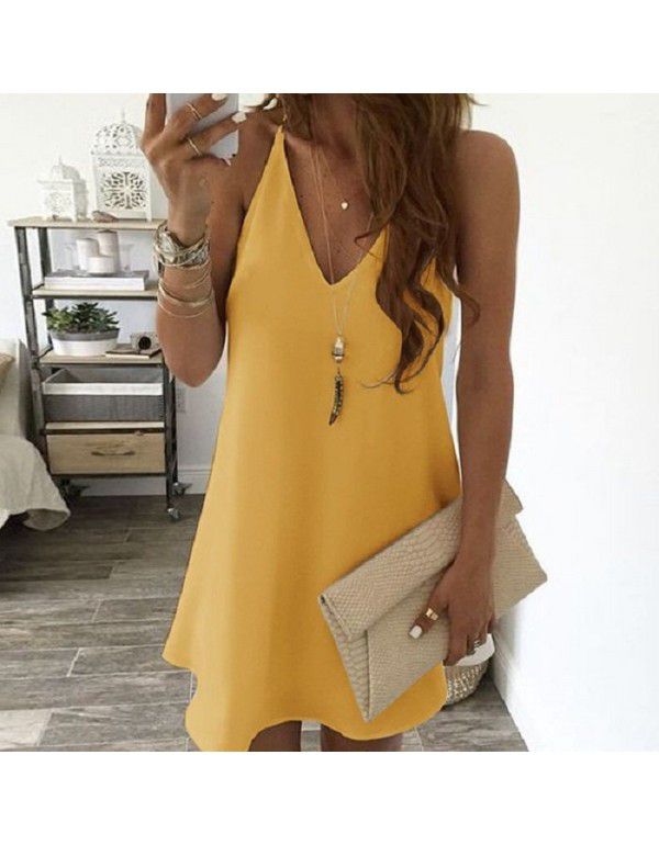 Women's chiffon suspender V-neck large swing dress