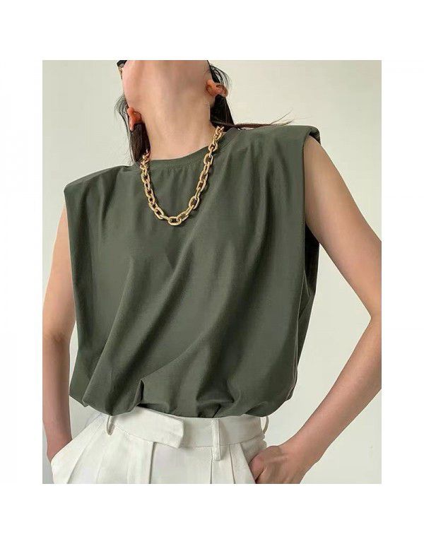 Summer French white right-angled shoulder vest, camisole, female minority design, thin shoulder pad, sleeveless T-shirt, loose top 