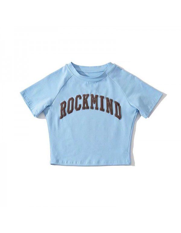 Letter embroidery short-sleeved t-shirt women's round neck short summer style design feeling slim hot girl exposed navel top 
