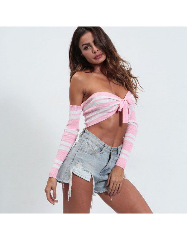 Summer European and American t-shirt women's knitting sexy hot girl backless long-sleeved pullover exposed navel short bow top woman 