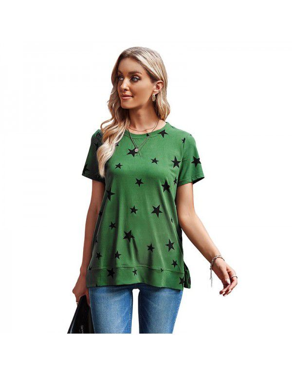 Shiying Short Sleeve T-shirt Women's European Summer New Stripe Pattern Women's Loose Round Neck Top Women