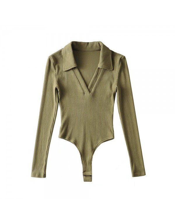 New Spice Girls sexy deep V-neck long-sleeved one-piece women's autumn and winter polo lapel slim bottom T-shirt top 